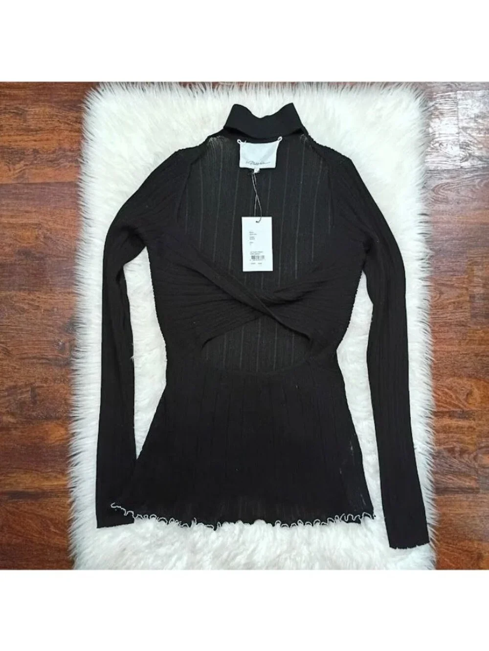3.1 Phillip Lim Black Ribbed Twist-Front Turtleneck Long Sleeve Top Size L - Picture 3 of 15